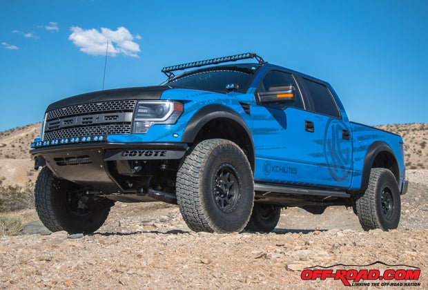 The KC HiLiTES Ford Raptor is ready for its finishing touches in the lighting department, which includes the roof-mounted 50 Flex Array LED light bar, hood Flex Dual LEDs for the hood and Flex Singles to aid in backup lighting. 