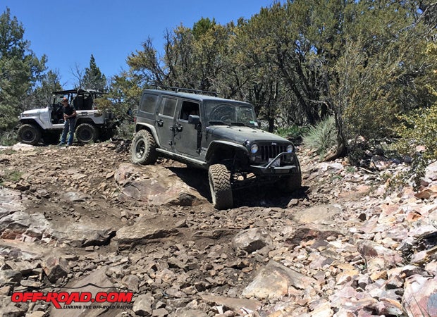 Some trail features are more photogenic than others. This off-camber boulder-divot combination put short-base Jeeps in a hairy (yet low-risk) full-swap pinch.