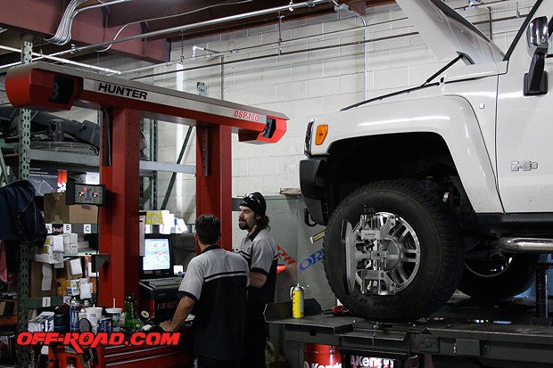 Once everything is in place, the front wheel alignment is next. This was a little tricky and required some careful calculations. Apparently the Hummer H3 front suspension is not the friendliest when it comes to servicing. It took a while, but Doug and Jason were able to get it dialed-in.