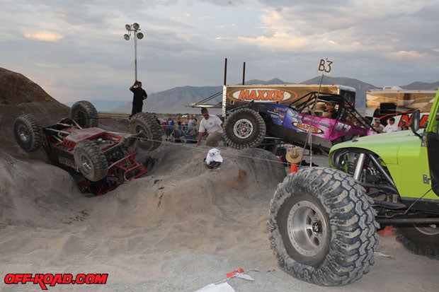 Jesse Haines got his Pro Mod buggy stuck upside down in a hole. An elaborate process of winching by two vehicles eventually got the buggy clear of the course. 