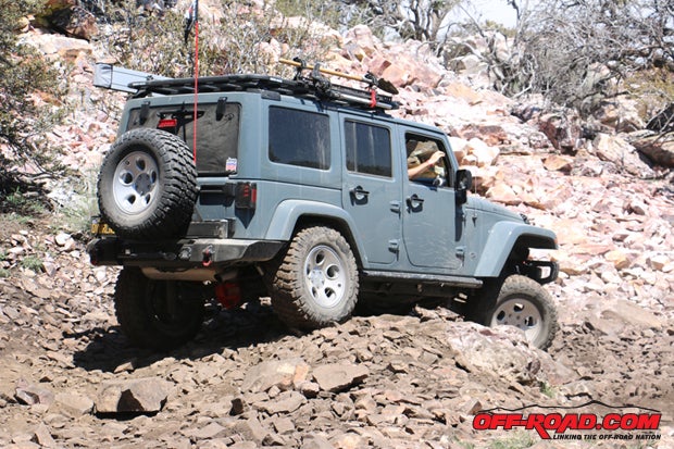 The longer four-door Wranglers cope much better with trail details that eat shorter trucks.