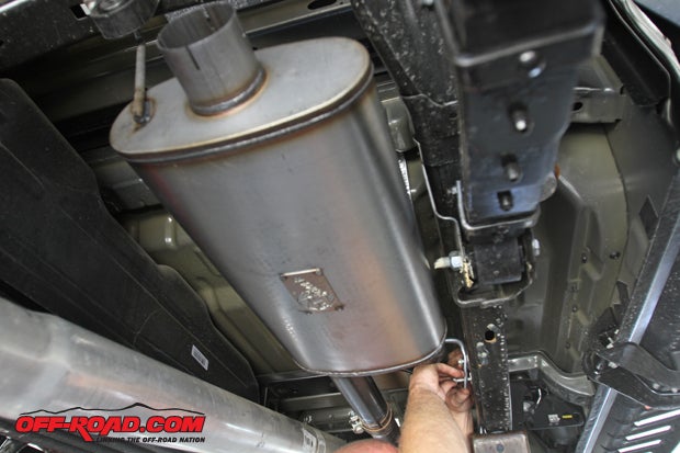 Once the stock Raptor exhaust is removed, the aFe 3.5-inch exhaust will be installed using the factory mounts and hardware. The first part that should be installed is the mid-pipe muffler assembly. 