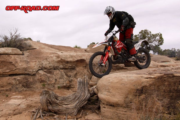 Expert dual-sport rider Jim Ryan struts his stuff on the Moab Red Rock riding his Gas Gas EC 300.