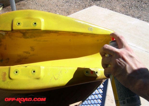 The bottom of the tank got several coats of the Krylon Sun Yellow paint.