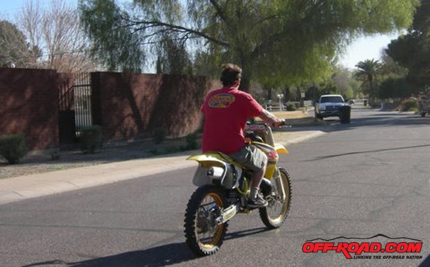 Kevin made a few passes up and down the street and the bike ran okay. When he blew his baseball cap off, we figured the bike was running just fine. Kevin commented that it was much stronger his KX 250.