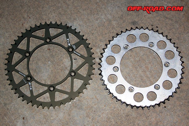 A quick comparison of the new 52-tooth (left) and the old 49-tooth (right) rear sprockets show a slight difference in diameter--but he added torque will be big.