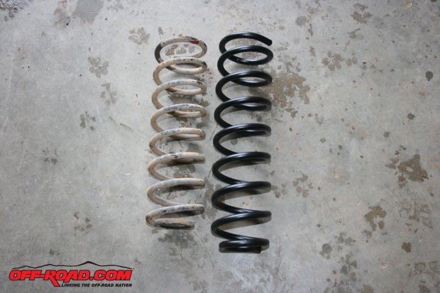 OEM spring on the left and the Skyjacker spring on the right. The Skyjacker spring is both longer and stronger.