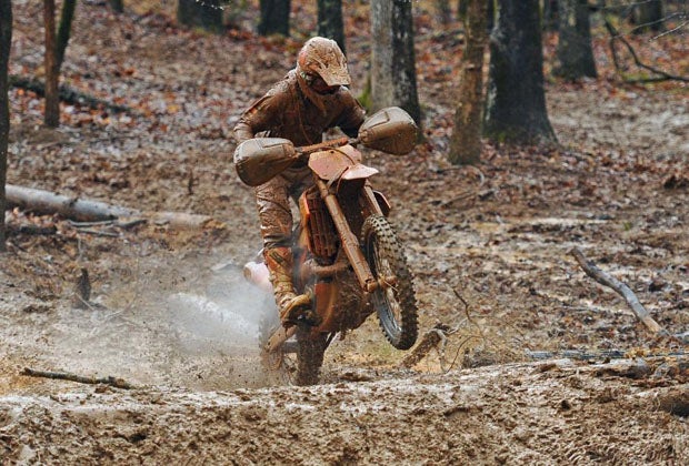 Kailub Russell minimized mistakes and stayed on two wheels during the muddy race to earn the win.