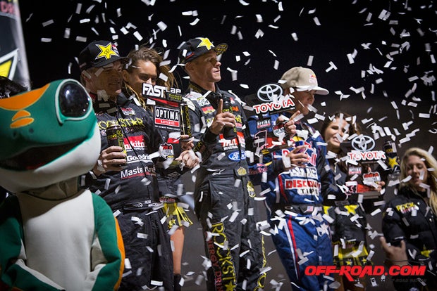 A familiar site: The Pro 2 podium featured the same cast of characters in Reno (Rob MacCachren, Brian Deegan, Bryce Menzies) though their positions swapped each round). 