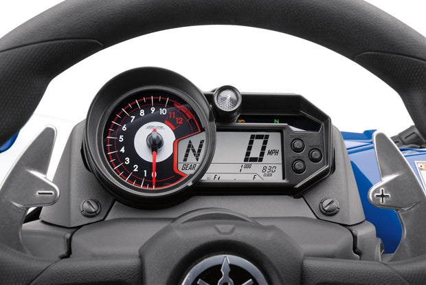 The key difference with the YXZ SS is the removal of the clutch pedal and gear shifter that were swapped in favor of paddle shifters mounted just behind the steering wheel.