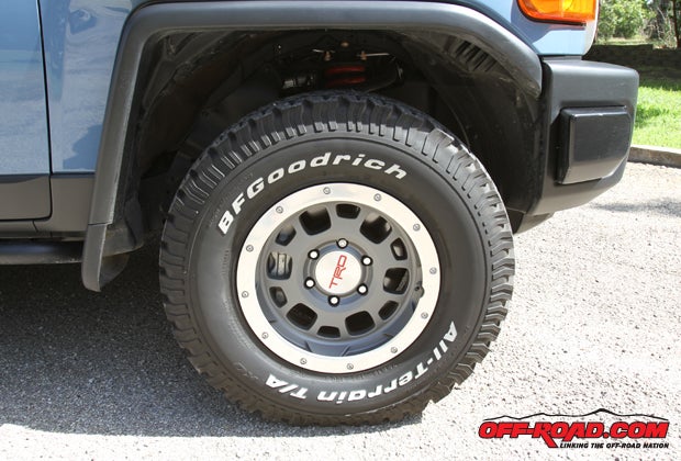 Toyota fitted 16-inch bead-lock-style TRD wheel with BFGoodrichs ever-popular A/T KO tire for good on- and off-road performance.